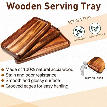Roowest 8 Pcs Solid Acacia Wood Serving Tray 14'' x 5.5'' Rectangular Wooden Serving Platter Long Cheese Charcuterie Boards with Edges Wood Boards for Food Vegetable Appetizer Party Decor