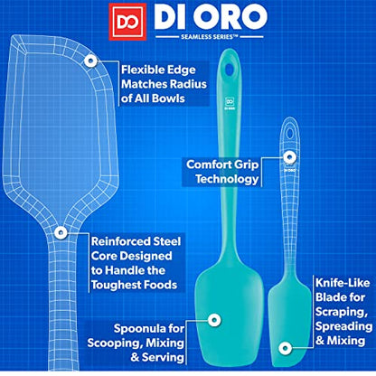 DI ORO Silicone Spatula Set - 600F Heat Resistant, 3-Pc Teal | Rubber scraper won't scratch nonstick pans; For baking, cooking, mixing, and frosting; BPA-free and dishwasher safe - color: Teal