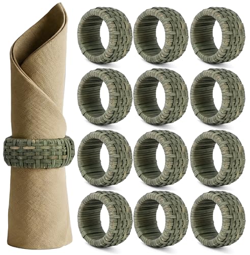 Artisan Cane Napkin Rings Set of 12, Earthy Woven Dinner Napkin Holders, Natural Bohemian Farmhouse Table Accessory for Dinner Parties & Everyday Use (Army Green) - ALPHA Living HOME - color: Army Green, size: 12- Pack