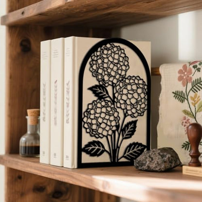 5.3"x4.3"x7.9" Metal Bookends, Heavy Duty Book Ends for Shelves | Hydrangea Theme Cast Iron Book Supports, 1 Pair Decor Stoppers for Desk, Library, Office & Home Shelves - style: Hydrangea