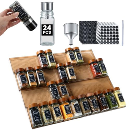 2 Pack Spice Rack with 24 Spice Jars, 4OZ Wood Lid Spice Containers with Expandable Spice Organizer Shelf, Spice Labels, Pepper Grinder Lids, Chalk Marker & Funnel Set for Drawer Kitchen Countertop