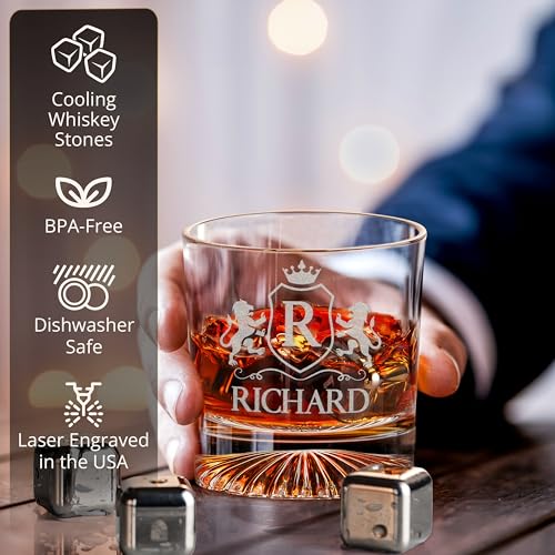 Custom Monogram Whiskey Gift Set, Glass Coaster Stones Wood Box for Him | Personalized Name, Leather Coaster, Stainless Steel Stones, Gift For Men, Husband Present, Dad Idea, Groomsmen Gift