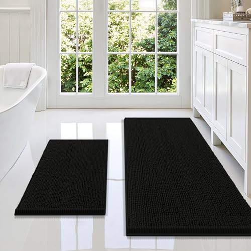 Smiry Chenille Bathroom Rugs Sets 2 Piece (47x20+24x16, Black) | Soft Absorbent Machine Washable Non Slip Shaggy Bath Rug Set for Tub, Shower, and Floor, Home Decor - color: Black, size: 47"X20"+24"X16"
