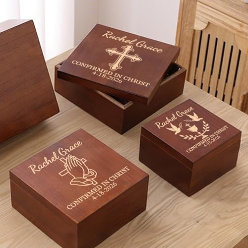 Confirmation Gifts for Boys and Girls Personalized Memory Box for Keepsakes | Custom Confirmation Gift Box, Wooden Storage Box for Jewelry, Trinkets, Mementos & Photos - Custom Name, Date & Cross Design - size: 7.7"L x 7.7"W x 3.9"H, style: Confirmation