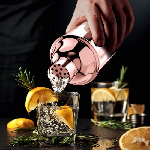 IOV Cocktail Shaker Bar Set, 24oz Martini Shaker with Built-In Strainer, Bar Tool Kit with Recipes Booklet, Professional Stainless Steel Large Bartender Drink Shaker Margarita alcohol Mixer- Rose Gold - color: 3 Pcs - Rose Gold