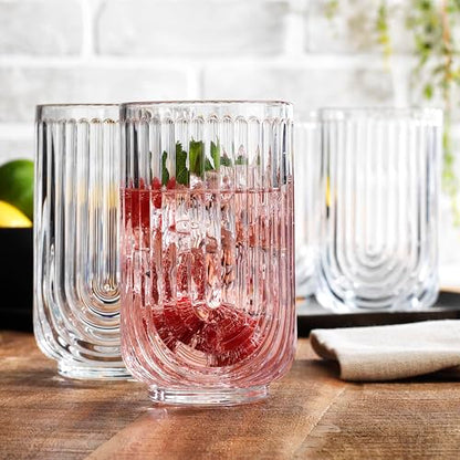 Glaver's 8-Piece Drinking Glass Set, Art Deco Ribbed Arch Glassware, Clear U-Shape Design, 17oz Highball and 11oz DOF Glasses Kitchen Glasses - style: Clear S/8 17oz 11oz