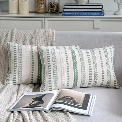 Cethom Sage Green Boho Lumbar Throw Pillow Covers 12x20 Inch Set of 2, Stripe Textured Decorative Couch Pillow Cases for Bed, Sofa, Living Room, Bedroom, Farmhouse Home Accent Cushion Covers - color: Sage Green, size: 20" x 12" (Pack of 2)