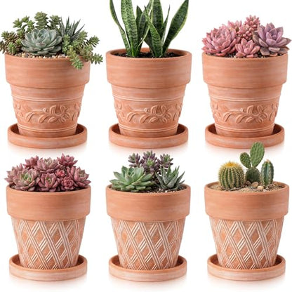 Set of 6 Embossed Succulent Pots 4" Small Terracotta Pots with Drainage Hole Saucer Mini Rustic Clay Succulent Planter Pot Decorative Ceramic Cactu Flower Pot for Indoor Outdoor(Lattice Leaf) - size: 4 Inch, style: Lattice and Leaf