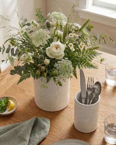 Kitchen Utensil Holder, 7.2" Super Large Utensil Crock Heavy and Stable Lace Emboss Ceramic Utensil Holder for Kitchen Counter (Bright White) - color: Bright White