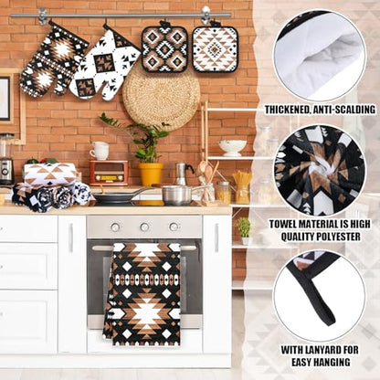 Teenyyou 8 Pcs Western Aztec Kitchen Towels Southwestern Pot Holders and Oven Mitt Set 4 Aztec Dish Towels 2 Rustic Absorbent Square Potholders 2 Heat Resistant Glove for Cooking Baking Home Gifting - style: Aztec