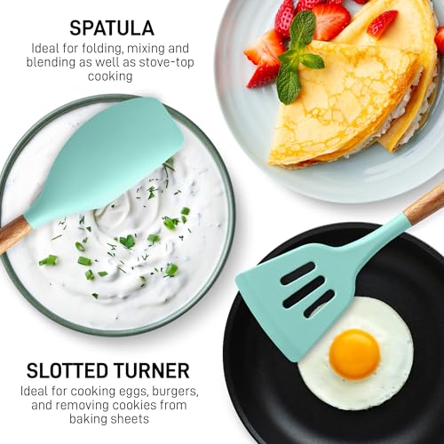 Zulay Kitchen 5 Piece Silicone Utensil Set | Non-Stick Silicone Cooking Utensils Set with Acacia Wood Handles - 464°F Heat Resistance Kitchen Utensils Set - Aqua - color: Sky Aqua, size: 5-Piece Set