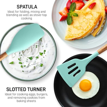 Zulay Kitchen 5 Piece Silicone Utensil Set | Non-Stick Silicone Cooking Utensils Set with Acacia Wood Handles - 464°F Heat Resistance Kitchen Utensils Set - Aqua - color: Sky Aqua, size: 5-Piece Set
