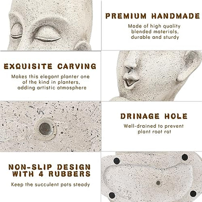 Face Head Planter Pots for Indoor Outdoor Plants Large Flower Pots Unique Succulent Planter with Drainage Hole Creative Lady Pot Resin Women Statue Vase Garden Decor- 11.4 x 8.7 x 5.5 Inch