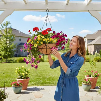 EIMQUVW 14 Inch Coconut Fiber Hanging Planter 4 Packs Durable Metal Hanging Baskets with Chains Outdoor Wire Pot for Spring and Summer Front Porch Garden Decoration - size: 14 Inch, style: Geometric