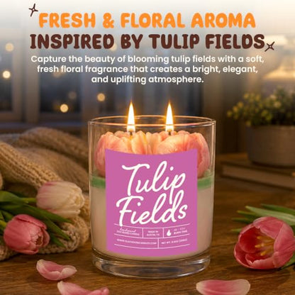 Tulip Fields Container Candle- Luxury Soy Wax Candle with 2 Cotton Wicks - 50 Hour Burn Time, Handmade in Austin Texas USA, Premium Fragrance Oil Candle for Home Decor & Gifts - 8 oz