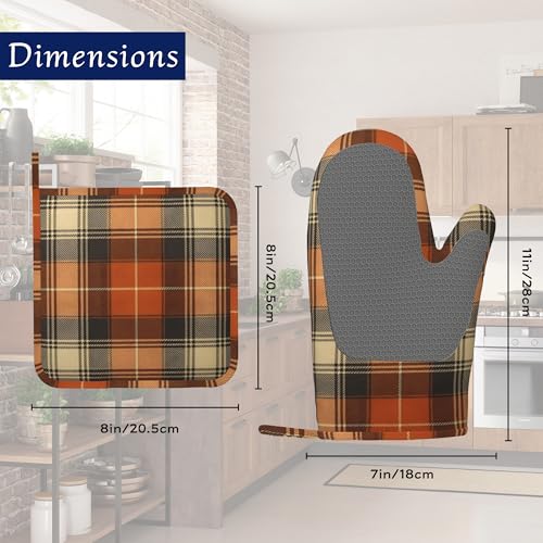 Brown Buffalo Plaid Oven Mitts and Pot Holders Retro Check Silicone Kitchen Accessories Set of 4 Heat Resistant Non-Slip Long Gloves Potholder for Chef Cooking Baking Gifts Women Men - color: Brown Buffalo Plaid,retro Check