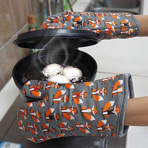 Oven Mitts 1 Pair, Non Slip Clear Silicone Printed Rooster Kitchen Gloves | Heat Resistant 480 ℉ Comfortable Cotton Lining Kitchen Men Cooking Barbecue Machine Washable (Fox, Gray Mittens) - color: Fox, Gray Mittens