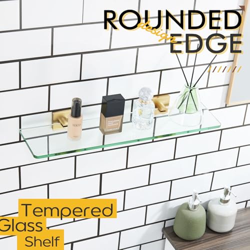 KOKOSIRI Wall Shelves 20-Inch Floating Tempered Glass Shelf Bathroom Hardware Kitchen Hanging Rack Shower Storage, Brushed Gold Stainless Steel B1107BG-L20 - color: Brushed Gold, size: 20-Inch