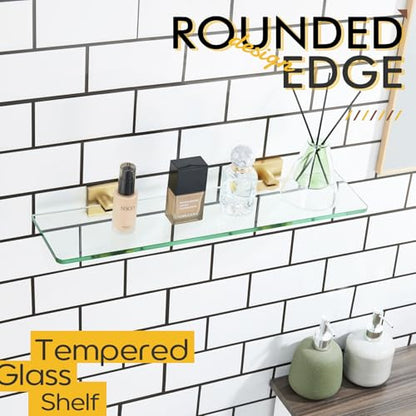 KOKOSIRI Wall Shelves 20-Inch Floating Tempered Glass Shelf Bathroom Hardware Kitchen Hanging Rack Shower Storage, Brushed Gold Stainless Steel B1107BG-L20 - color: Brushed Gold, size: 20-Inch