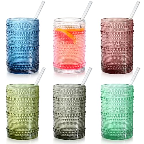 15 oz Colored Hobnail Drinking Glasses with Straws,Vintage Glassware Set of 6,Embossed Highball Cups Textured Glass Cups for Kitchen,Beer,Juice,Cocktail,Whiskey, Milk - color: colored-6pcs