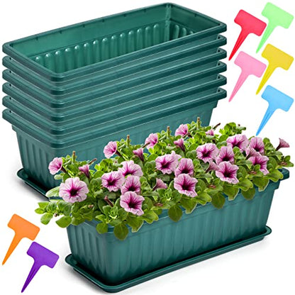 Fasmov 7 Pack 17 Inches Flower Window Box Plastic Vegetable Planters with Trays Vegetables Growing Container Garden Flower Plant Pot with 7 Pcs Plant Labels for Balcony, Patio, Garden, Green - color: 7pack, Green