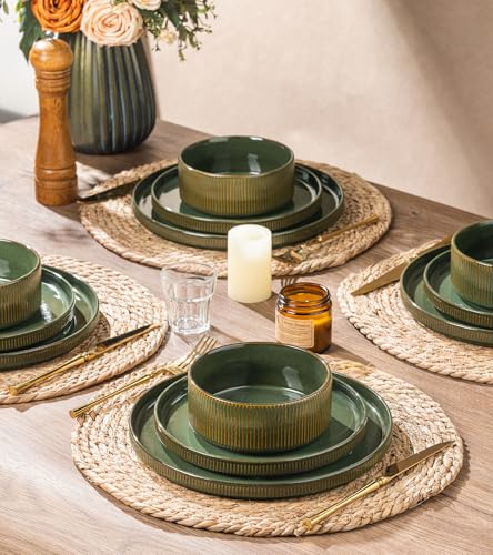 GBHOME Stoneware Dinnerware Sets for 4, 12 Pieces Plates and Bowls Set | Lightweight Ceramic Ribbed Dishes,Reactive Glaze Stackable Plate Set,Scratch Resistant,Microwave&Dishwasher Safe,Sage Green - color: Sage Green