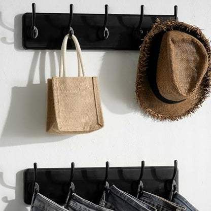 SKOLOO Rustic Wall Mounted Coat Rack, Pine Solid Wood Coat Hook Hanger - 5 Hooks for Hanging Clothes Robes Towels Coats - color: Black Plate & Black Hook, size: 1 Item-5 Hooks