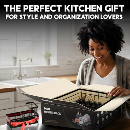 2 IN 1 Expandable Dish Drying Rack plus Sponge Organizer, Stainless Steel Drying Rack with Drainer Plate, Kitchen Countertop Organizer Space Saving Utensil Holder, Scratch Resistant and Rust-Proof