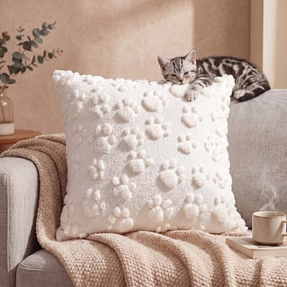 Tiamon 4 Pcs Paw Pillow Covers Paw Print Throw Pillow Covers 18 x 18 Inch Animal Pet Dog Cat Footprints Plush 3D Faux Fur Jacquard Embroidered Cushion Cases for Bed Sofa Couch Decorations - style: White Paw