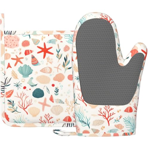 Cartoon Starfish and Shells Oven Mitts and Pot Holders Sets Silicone Kitchen Mitts Potholders Heat Resistant Oven Gloves Hot Pads for Kitchen Baking Cooking BBQ - color: Cartoon Starfish and Shells