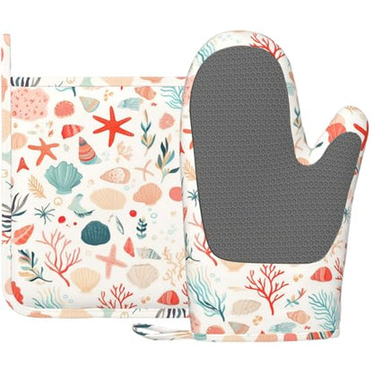 Cartoon Starfish and Shells Oven Mitts and Pot Holders Sets Silicone Kitchen Mitts Potholders Heat Resistant Oven Gloves Hot Pads for Kitchen Baking Cooking BBQ - color: Cartoon Starfish and Shells