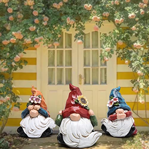 Hodao Spring Gnome Decor Set of 3, Resin Three Wise Gnomes Figurines with See No Evil Hear No Evil Speak No Evil Design, Floral Tiered Tray Shelf Table Accent, Farmhouse Gift Idea - style: Three Wise Gnom-2