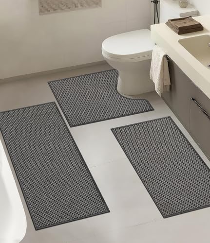 Thin Bath Mat Dark Grey Bathroom Rugs Sets 3 Pieces, Non Slip Absorbent Bath Mats Quick Dry, Woven Braided Rugs Washable, Rubber Tapetes para Baño for Bathroom Toliet,Bathtub - color: Dark Grey, size: 3Pieces(17.5"x24"U+17"x24"+17"x32")