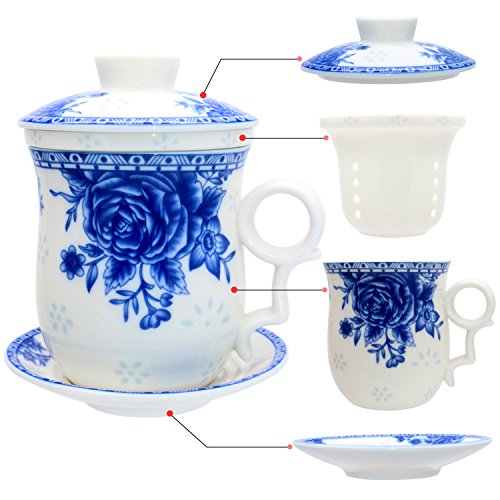 Porcelain Tea Cup with Infuser Lid and Saucer Sets - Chinese Jingdezhen Ceramics Coffee Mug Teacup Loose Leaf Tea Brewing System for Home Office - color: Exquisite Rose Blue and White