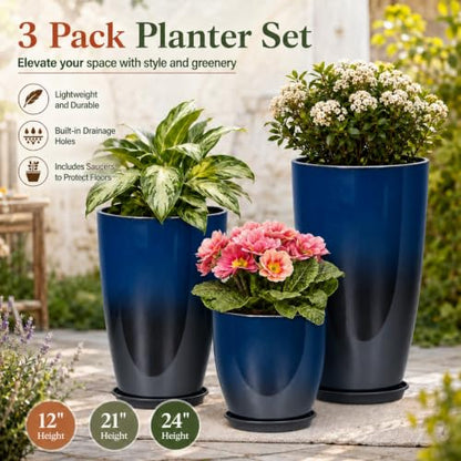 Neoaider Set of 3 Tall Planter, 24/21/12in Large Plastic Planter, Dark Blue | Ceramic-Look, Lightweight, Built-in Drain Hole, Saucers, Tall Outdoor Planter for Porch, Garden, Patio, Balcony - color: Dark Blue
