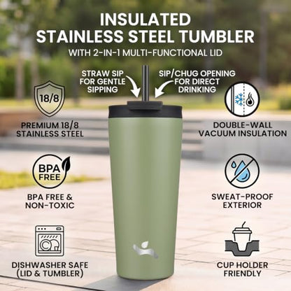 Konokyo 18 oz Insulated Tumbler Water Bottle with Straw Lid, ArmyGreen | Stainless steel insulated tumbler for coffee, water and iced drinks; spill-proof lid, 2 straws, cup-holder friendly - color: ArmyGreen, size: 18 Ounces
