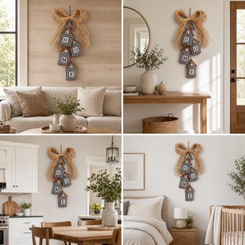 Novabright Fabric Home Sign Farmhouse Home Signs 3D Buffalo Plaid Rustic Wall Decor Black and White Checkered Wall Art with Raffia Bow for Bedroom Kitchen Bathroom Living Room Window Coffee Shop