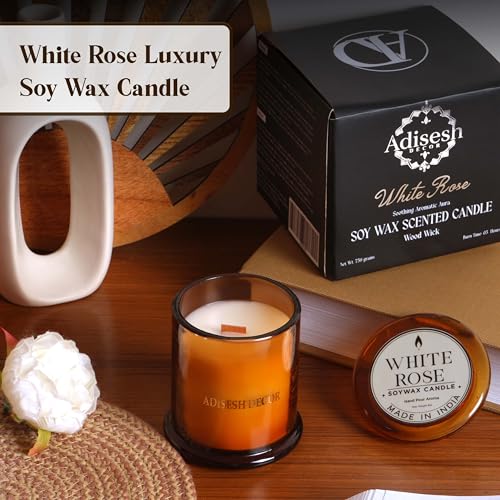 Long-Lasting White Rose Soy Wax Candle | Scented Candles for Home Decoration | 60+ Hour Burn Time Hand-Poured in Glass Jar | Classic, Delicate, and Clean Floral Fragrance