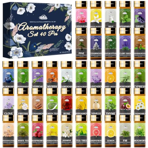 Essential Oil Set, 40 Pcs Fragrance Aromatherapy Oils for Skin, Diffusers, Home Care, Humidifier, Laundry, Candle Making - Tea Tree, Sandalwood, Lavender, Vanilla, Eucalyptus and More(5mL) - color: 40 Pack Essential Oil Set Blue