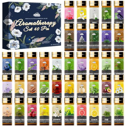 Essential Oil Set, 40 Pcs Fragrance Aromatherapy Oils for Skin, Diffusers, Home Care, Humidifier, Laundry, Candle Making - Tea Tree, Sandalwood, Lavender, Vanilla, Eucalyptus and More(5mL) - color: 40 Pack Essential Oil Set Blue