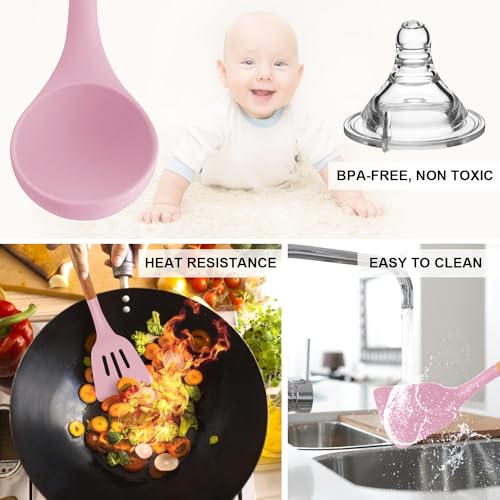 MIBOTE Silicone Cooking Kitchen Utensils Set, Wooden Handle, Pinky | BPA-Free, Non-Toxic Silicone Turner, Tongs, Spatula, Spoon Set – Great for Nonstick Cookware, Heat-Resistant, Easy Clean - color: Pinky