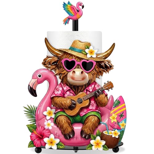 Hawaiian Flamingo Paper Towel Holder, Summer Flamingo Highland Cow Kitchen Decor Tropical Metal Towel Holder Stand with Round Base, Bathroom Countertop Decor for Luau Party Home - style: Flamingo