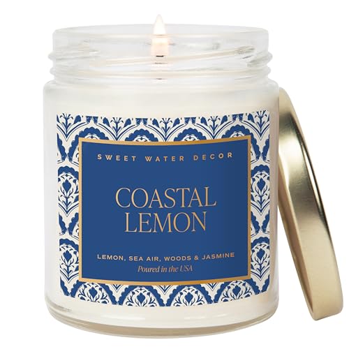 Sweet Water Decor Coastal Lemon Non Toxic Candle – Soy Candle with Lemon, Sea Salt, Woods, Jasmine Aroma – 40 Hour Burn – 9oz Clear Glass Jar – Fresh Mediterranean Home Fragrance - style: Coastal Lemon