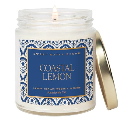 Sweet Water Decor Coastal Lemon Non Toxic Candle – Soy Candle with Lemon, Sea Salt, Woods, Jasmine Aroma – 40 Hour Burn – 9oz Clear Glass Jar – Fresh Mediterranean Home Fragrance - style: Coastal Lemon