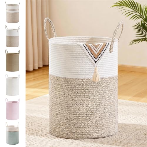 58L Tall Cotton Rope Laundry Basket with Handles, Brown | Storage Bin for Clothes, Blankets & Kids Toys, Boho Woven Hamper, Portable Organizer for Nursery, Bedroom, Living Room - color: Brown, size: 58L