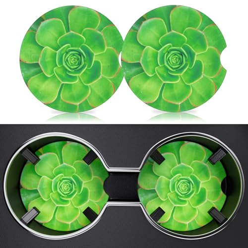 2 Pack Car Cup Holder Coaster, 2.63 inch Anti Slip Insert Absorbent Ceramic Car Coaster with Cork Base and Finger Notch, Cute Car Accessories Interior for Women, Cute Car Coasters., CH0025 - color: Green Flower