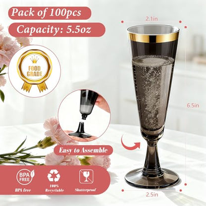 100 Pack Plastic Champagne Flutes Black, Disposable Plastic Champagne Glasses with Gold Rim, Wine Glasses Cups for Wedding Celebration Birthday Party Wine Tasting New Years Eve Party Supplies - color: Gold Rim Black, size: 100-Pack