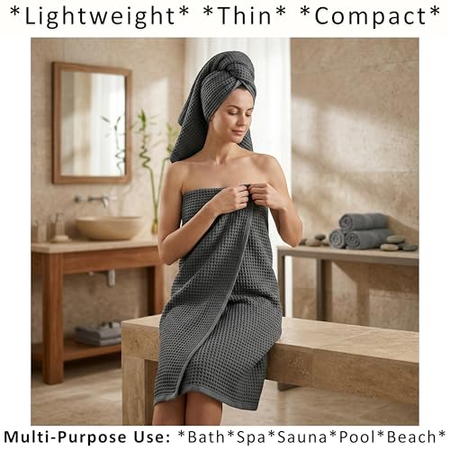 PÜSKÜL 2-Piece Natural 100% Turkish Cotton Waffle Bath Towels Extra-Large | Dark Gray, 32x63" Bath Sheet Towel, Light Soft Absorbent Quick-Dry Lint-Free Premium Honeycomb Weave Oeko-Tex Made in Turkiye - color: Dark Gray