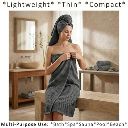 PÜSKÜL 2-Piece Natural 100% Turkish Cotton Waffle Bath Towels Extra-Large | Dark Gray, 32x63" Bath Sheet Towel, Light Soft Absorbent Quick-Dry Lint-Free Premium Honeycomb Weave Oeko-Tex Made in Turkiye - color: Dark Gray