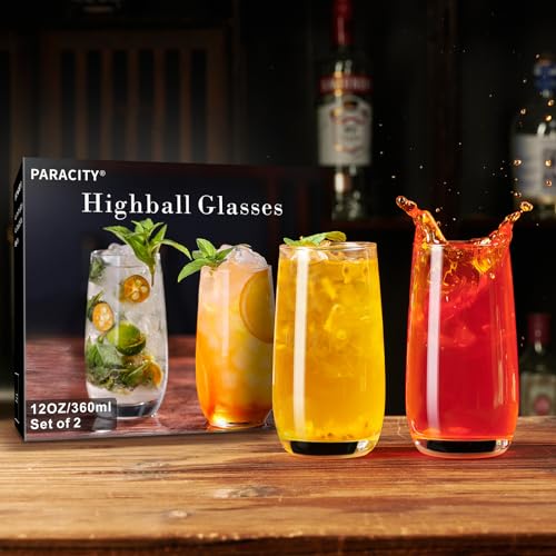 PARACITY Highball Glasses Set of 2, Drinking Glasses 12 Oz, Clear Glass Cups, Tall Tumbler Water Glasses, Glassware Set for Cocktail, Coffee, Mojitos | Clear drinking glassware for cocktails, coffee, mojitos and water, with a tall profile for home kitchen
